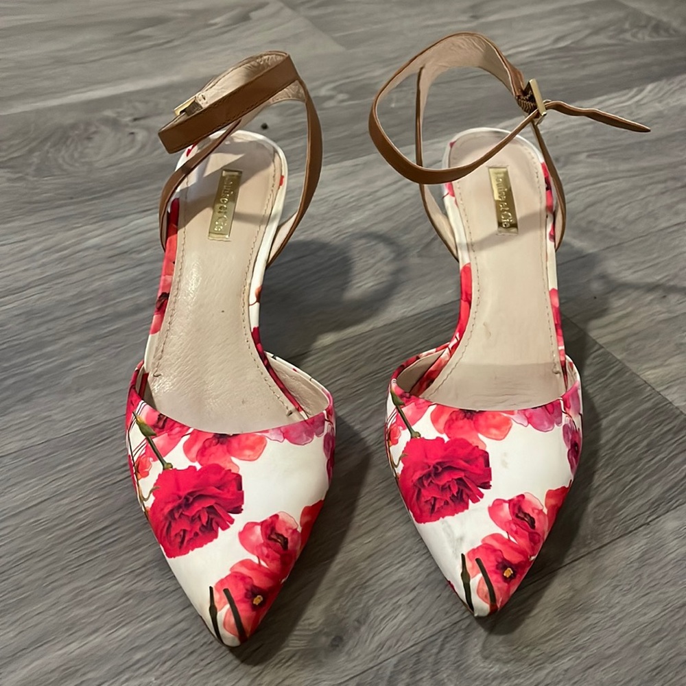 Red floral pointed toe heels Louise et Cie